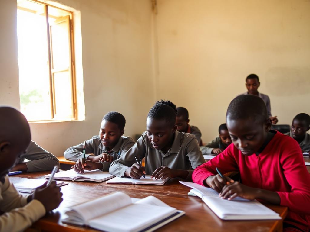 Students writing in notebooks in a bright classroom