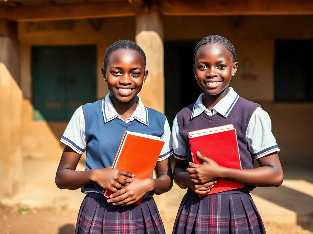 Two secondary school students standing outside their school holding notebooks