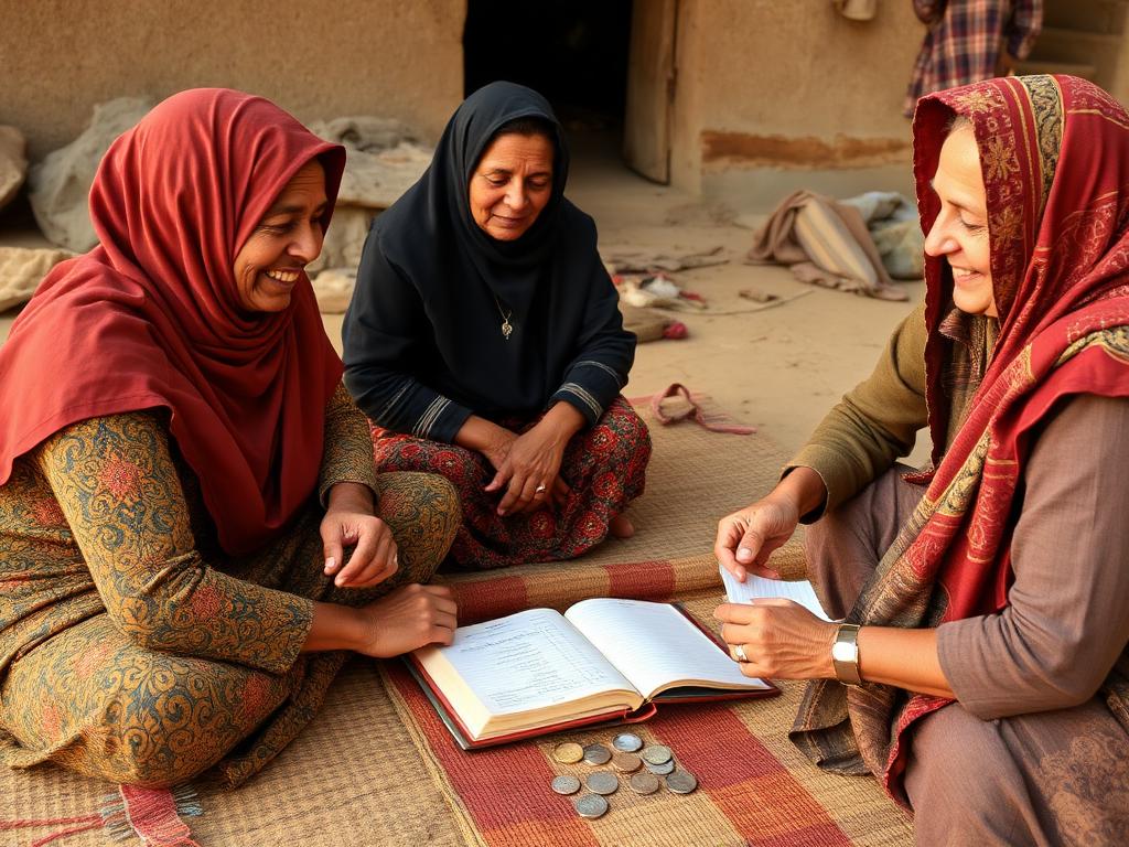 Members of a women's savings group meeting with a ledger book