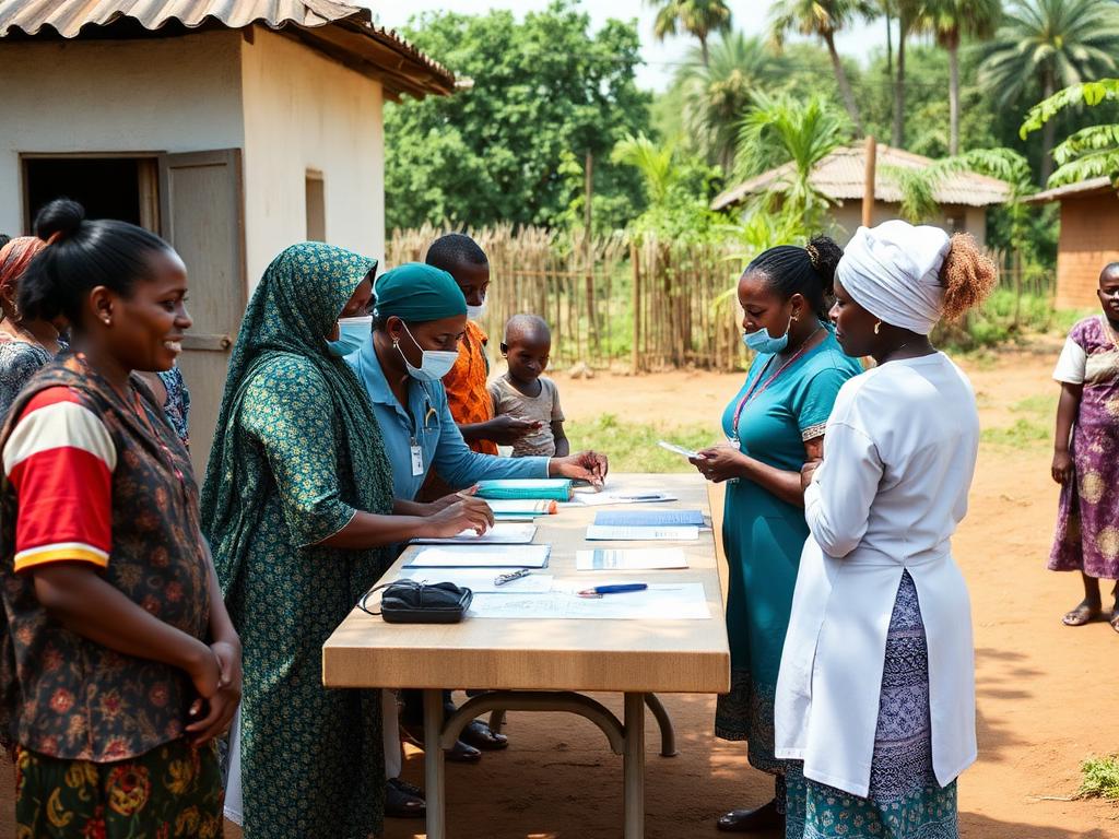 Families registering at a community health outreach table in a village