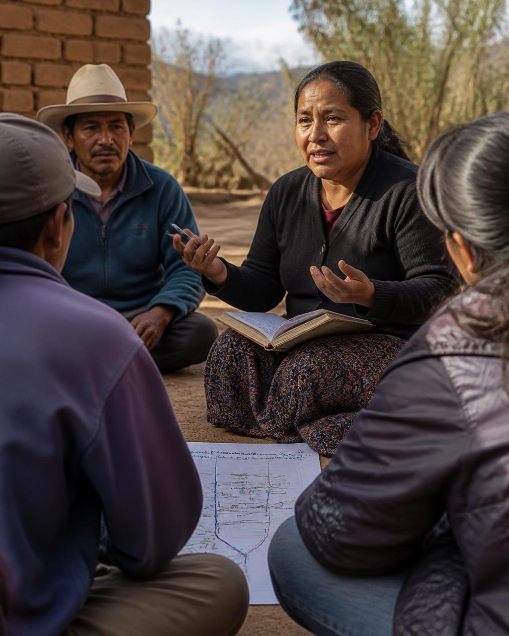 A woman community leader speaking with neighbors seated in a circle around a hand-drawn community map